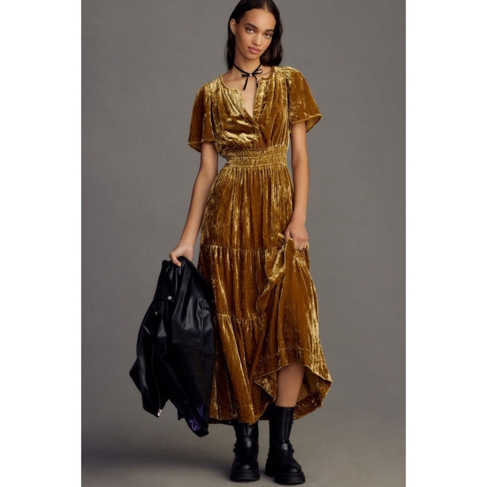 Anthropologie Golden Mustard Velvet Maxi Dress